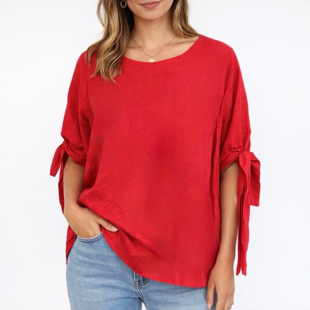 Uchuu ($220) 100% Linen Tie Sleeve Red Blouse - PTP 30